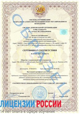 Образец сертификата соответствия Березовка Сертификат ISO 22000
